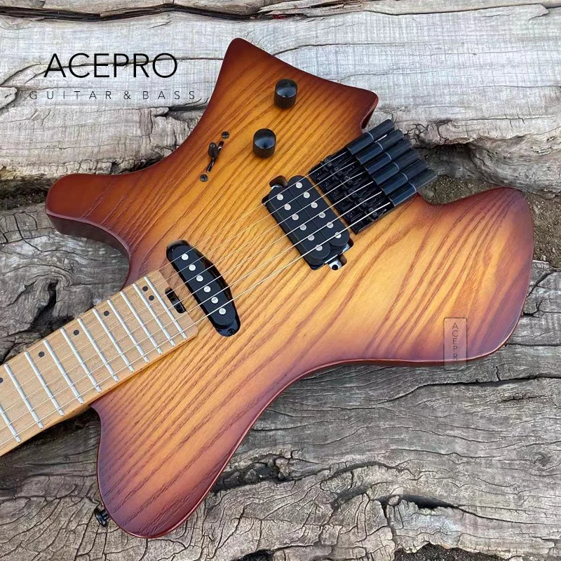 Acepro-Headless Electric Guitar, Single + Humbucker Pickups, Vintage Sunburst Ash Body, Stainless Steel Frets,Roasted Maple Neck