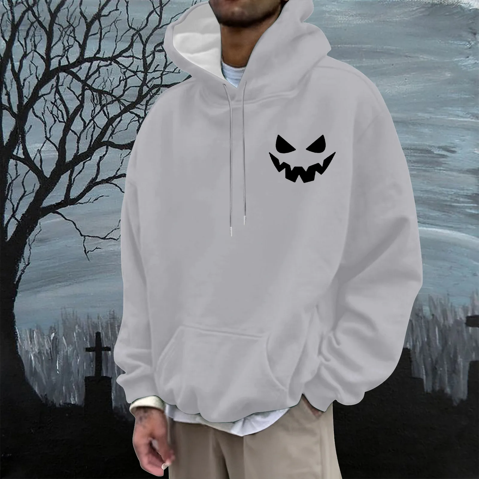 Men's and Women's Halloween Spooky Patterns Collection Reversible Face Printed Hooded Sweatshirt Men's Loose Drawstring Hoodies