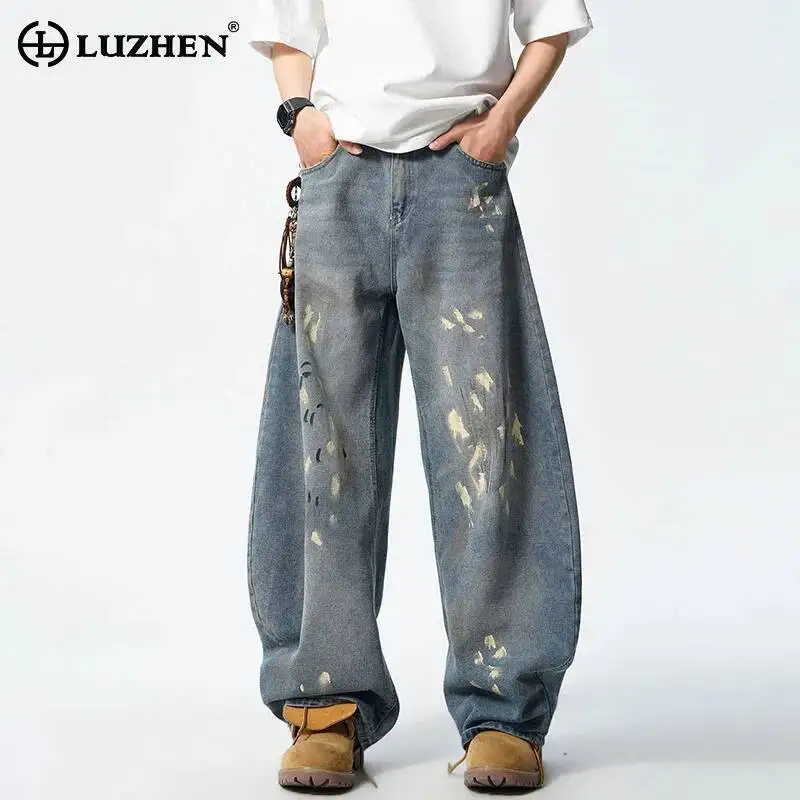 LUZHEN 2026 New Original Wornout Paint Tie-dyed Design Straight Jeans Men's Fashion Handsome Street Wide Leg Denim Pants JY7871