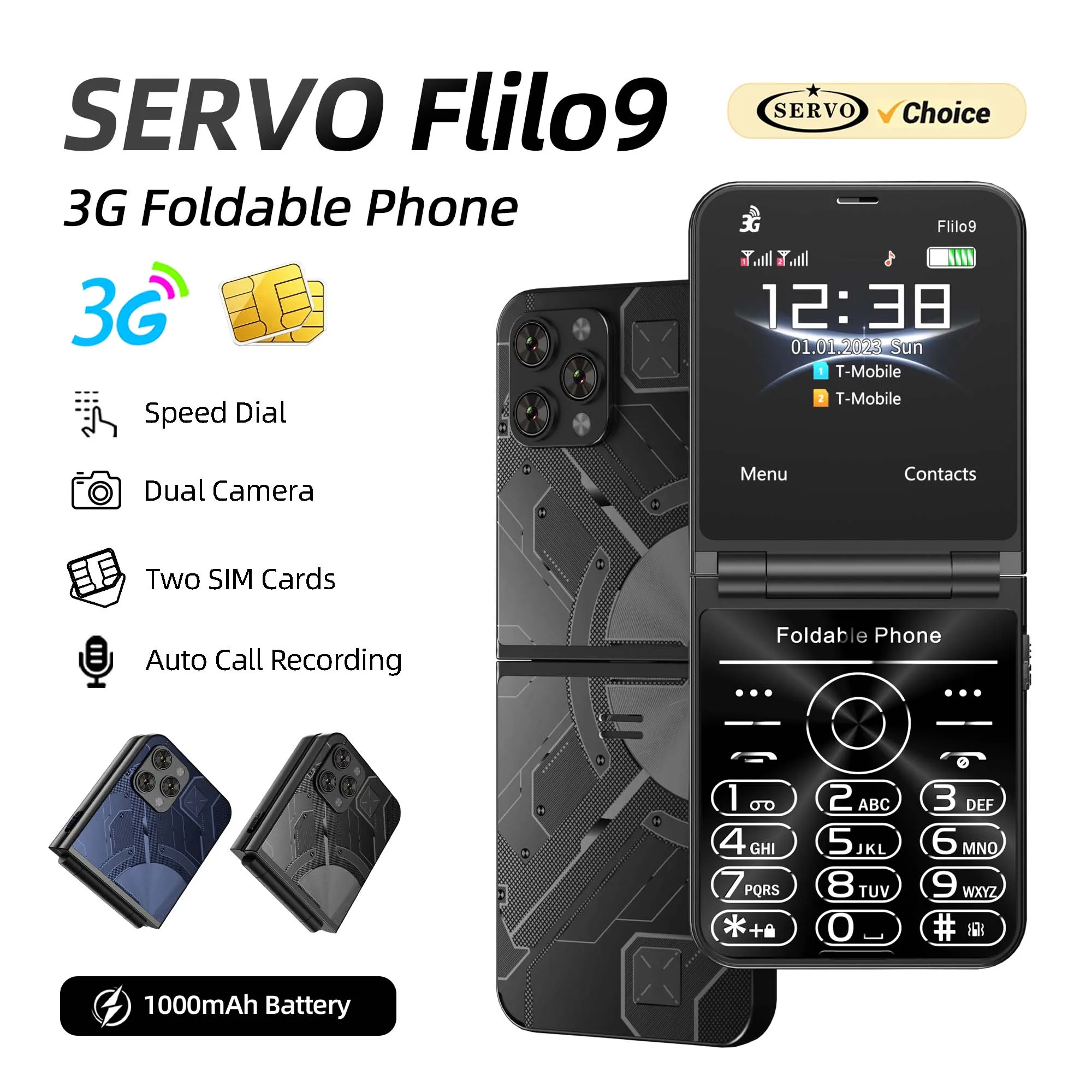 SERVO Flilo9 Foldable Mobile Phone Dual SIM Auto Call Recording Speed Dial FM Radio Torch Keypad Pocket Cellphone MP4 Blacklist