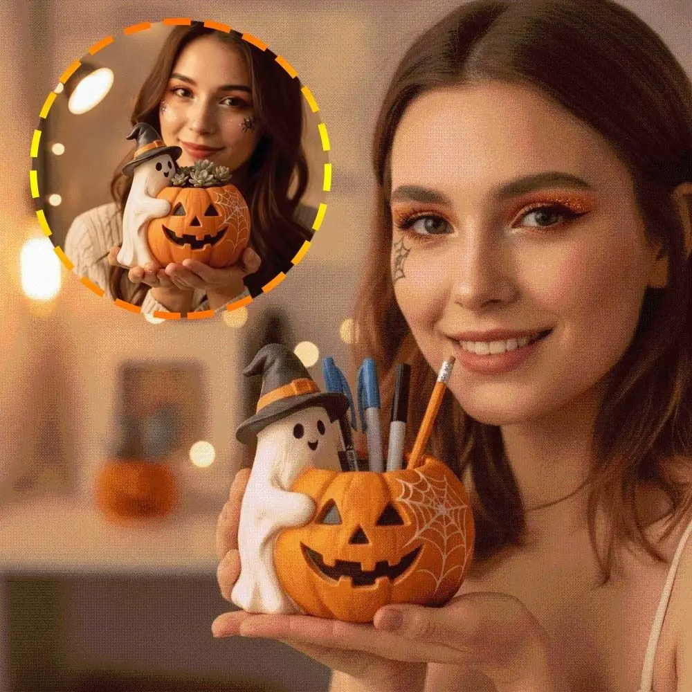 Orange Ghost Pumpkin Pen Holder Compact Molded Resin Desktop Organizer Waterproof Sturdy Spooky Pencil Cup Office