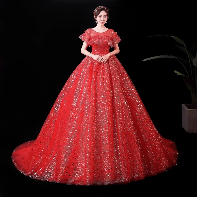 

It's Yiiya Wedding Dress Red Bling Tulle O-neck Ruffles Short Sleeves Trailing Lace up Princess Plus size Bride Ball Gowns XN144