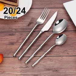 20/24Pcs Sliver Dinner Set Stainless Steel 304 Tableware Set Gold Cutlery Mirror Western Bamboo Shaped Fork Spoon Kitchen Utensi