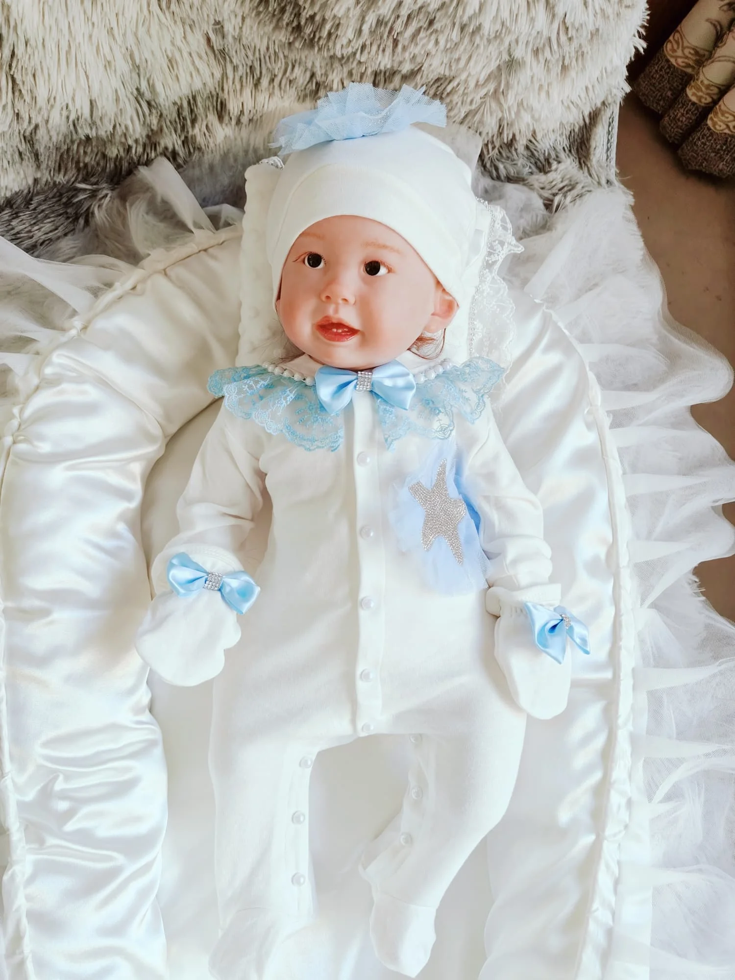 3Pcs Enchanting Ocean Themed Baby Girl Romper Set Soft Cotton Footed Jumpsuit Blue Lace Collar Starfish Decor Headband Quality