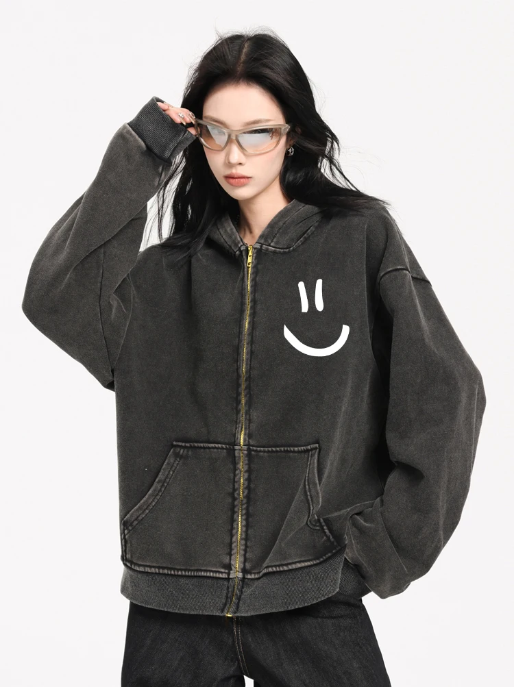 Minimalist Smile Face Print Female Washed Zipper Hoodie All-Match High Quality Hoody Vintage Casual Clothes Autumn Loose Hooded