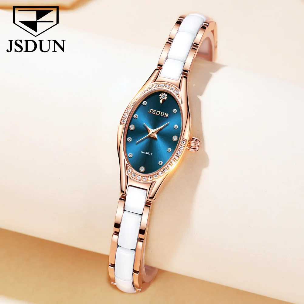 JSDUN Swiss Quartz Watch for Woman Elegant Luxury Rose Gold Ceramics Steel Strap Fashion Oval Diamond Dial Bracelet Watches 8842