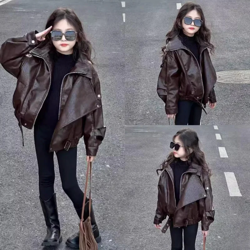 2025Girls' Spring and Autumn New American Style Trendy Khaki Leather Jacket Super Beautiful Jacket