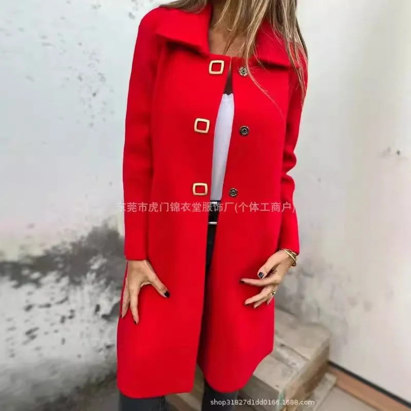 

Зимнее теплое однотонное пальто Abrigo Mujer на пуговицах, модное длинное шерстяное пальто с лацканами и длинными рукавами Abrigos De Invierno Para Mujer