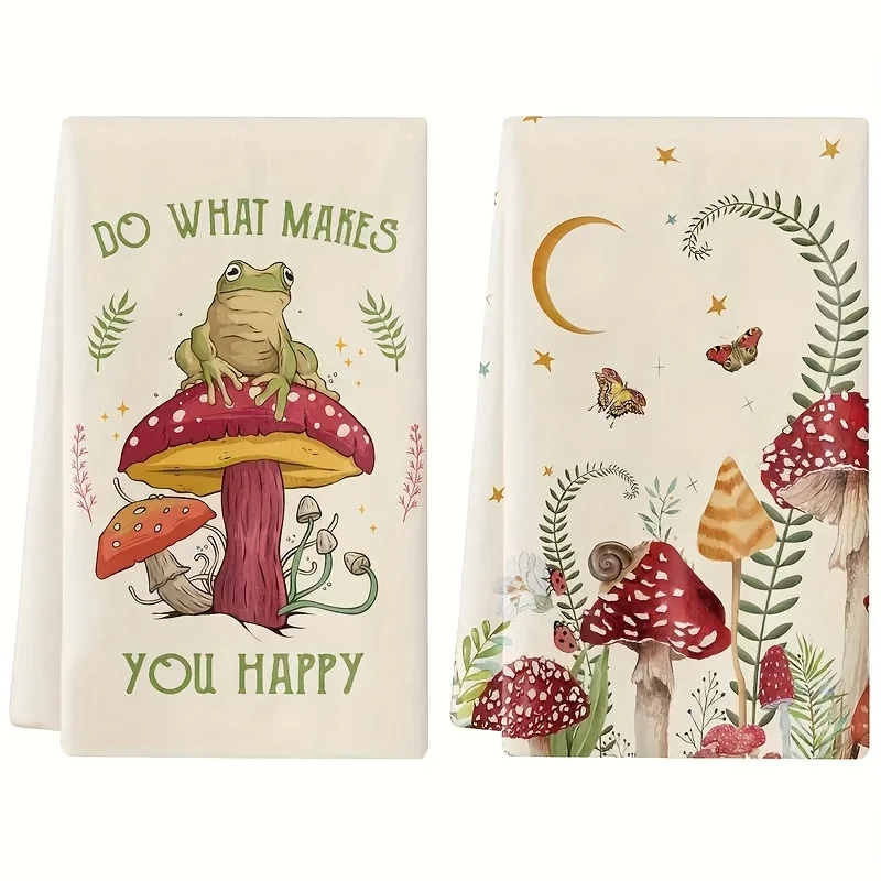 2-Pack, Fun Mushroom Printed Towels, Microfiber Modern Absorbent Rags, Cooking and Baking Tea Towels