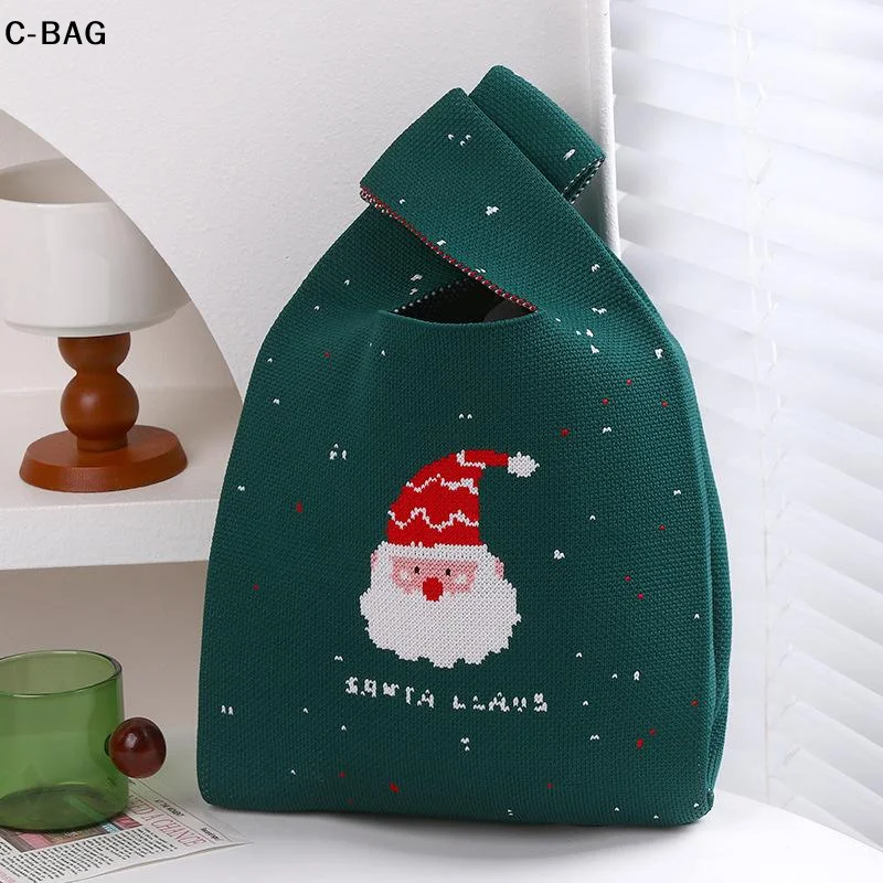 

Christmas Knit Wrist Bag Women's Casual Small Tote Handbag Reusable Shopping Knot Bag for Girls New Year Xmas Gift