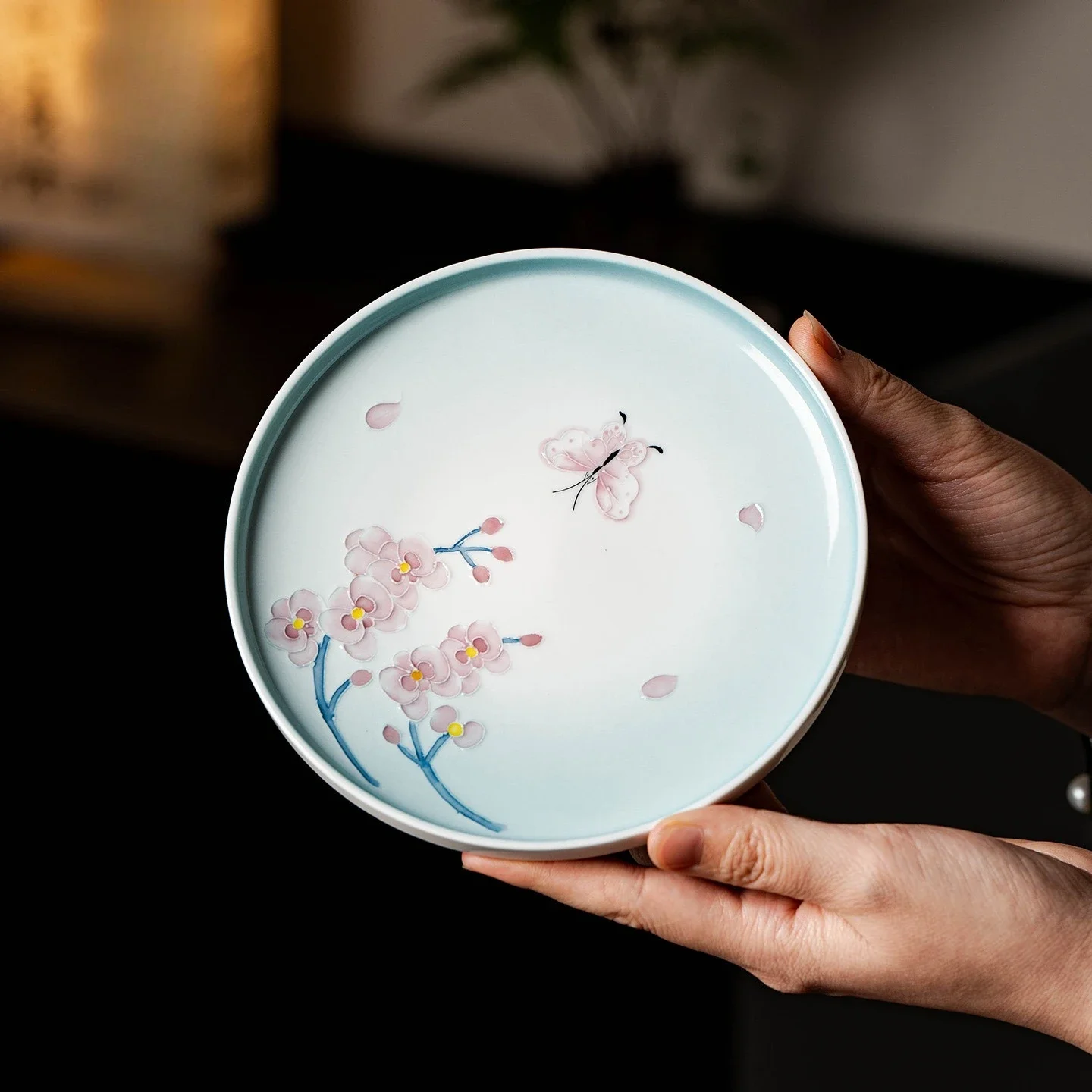 Gradual Change Hand-painted Phalaenopsis Pot Bearing Round Dry Brewing Plate Tea Ceremony Refreshment Plate Insulation Pad Decor