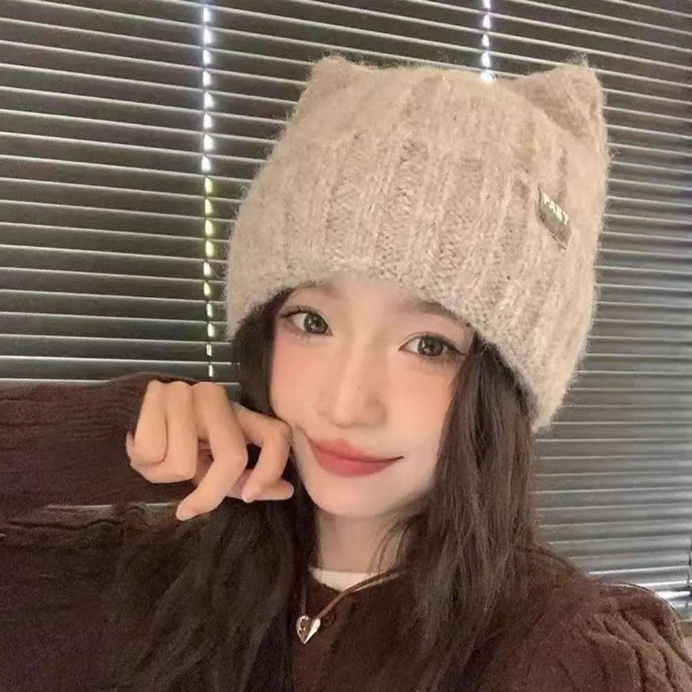 

Cute Wool Cat Ears Hat Windproof Warm Knitted Pullover Hat Y2k Korean Style Women Beanie Hats Female