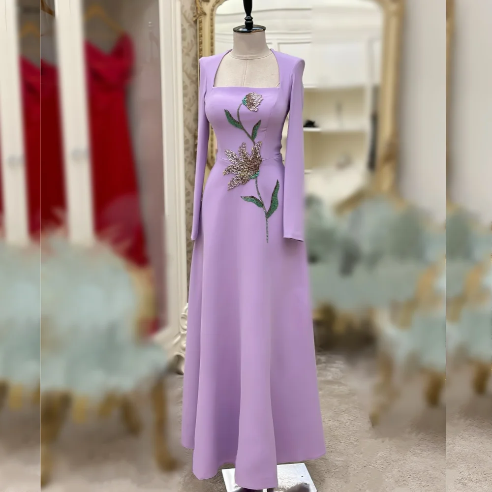 

Customized Glitter Pattern Square Neck Long Sleeves A-line Long Dresses Women's Evening Dress Bespoke Occasion Party Gown