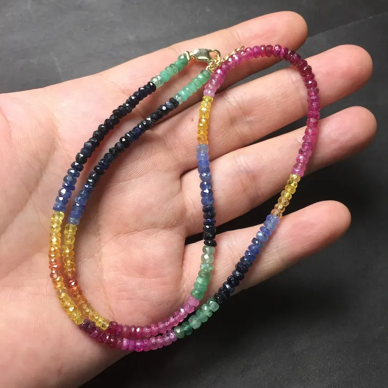 

Natural A+ Multi Sapphire Faceted Rondelle Gemstone 24" Beaded Handmade Necklace