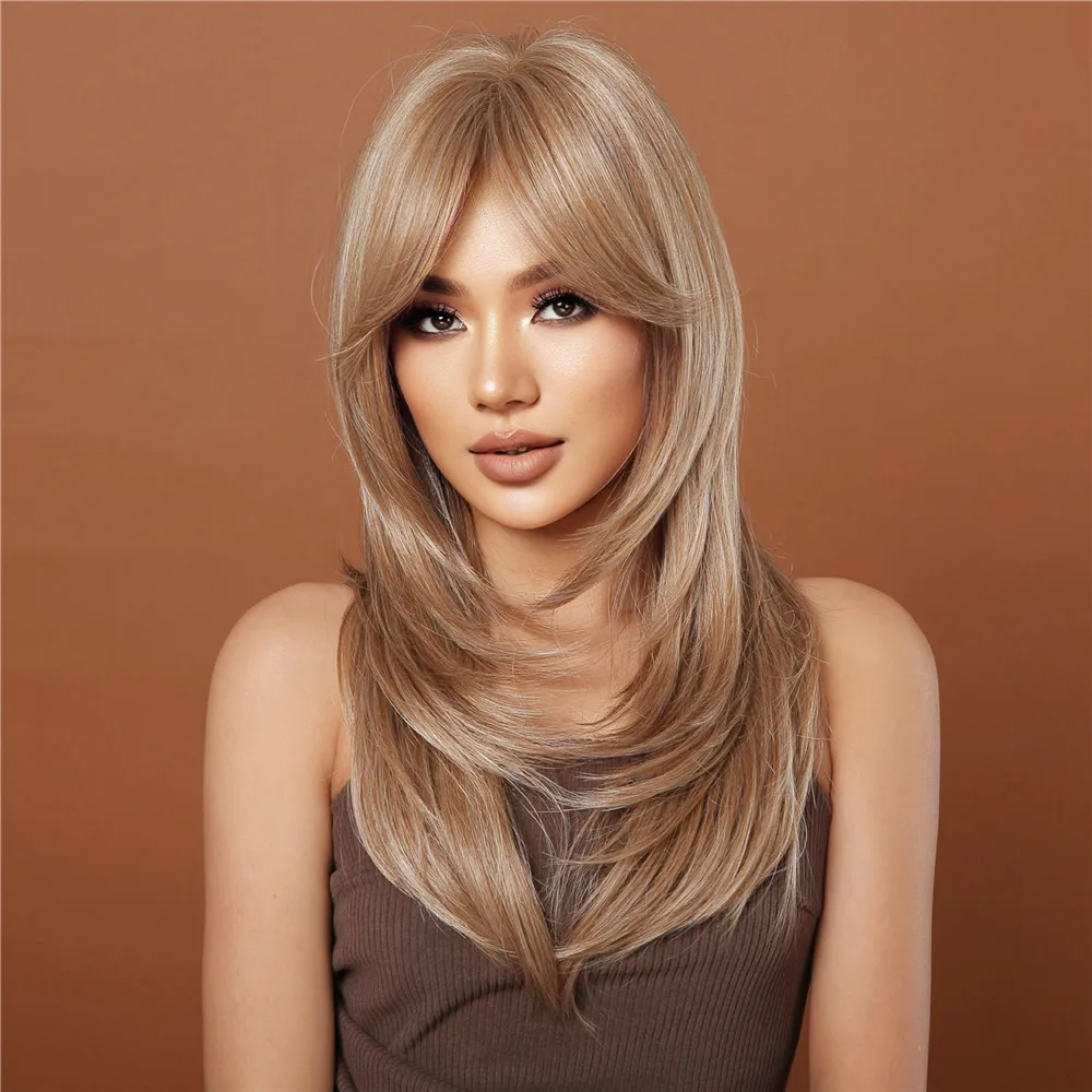 LOUIS FERRE Long Blonde Layered Synthetic Wigs With Curtain Bangs Light Blonde Straight Wig Natural Women Wavy Hair Daily Party