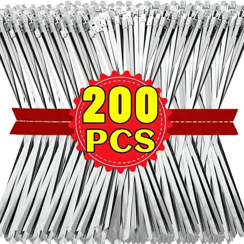 Silver Stainless Steel Metal Cable Ties Exhaust Wrap Coated Locking Metal Zip-Exhaust Multifunctional Locking Cable Tie