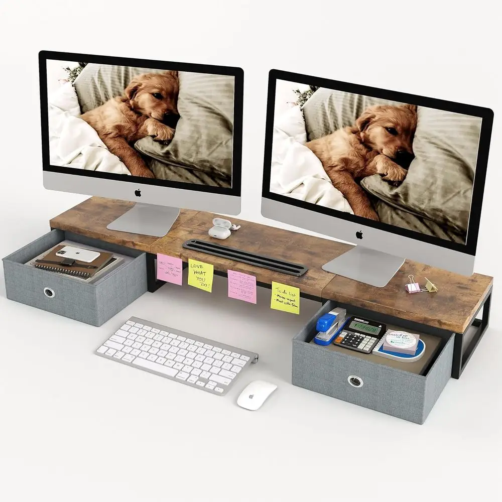 

39 Large Brown Wooden Dual Monitor Stand - Ergonomic Desk Organizer with Paper Holder, Storage for Laptop, Office Supplies, Home