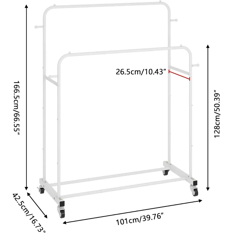 رف ملابس بقضبان مزدوجة مع عجلات لتخزين الملابس الفعال في غرفة النوم يتميز بـ 4 خطافات وفكرة تصميم متعددة الوظائف