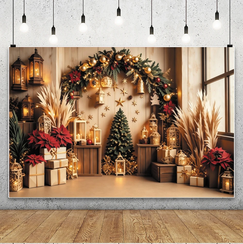 Rustic Christmas Wooden Arch Photography Backdrop Lantern Gift Xmas Holiday Family Party Kids Portrait Background Photo Studio