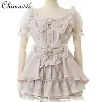 Autumn Japanese Sweet Big Bow Short Sleeve Slim Lolita Princess Mini Dress Shorts 2 Piece Set Girls Cute Dress Set Women Outfits 5