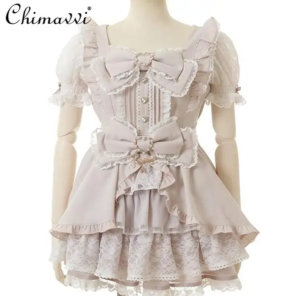 Autumn Japanese Sweet Big Bow Short Sleeve Slim Lolita Princess Mini Dress Shorts 2 Piece – view 5