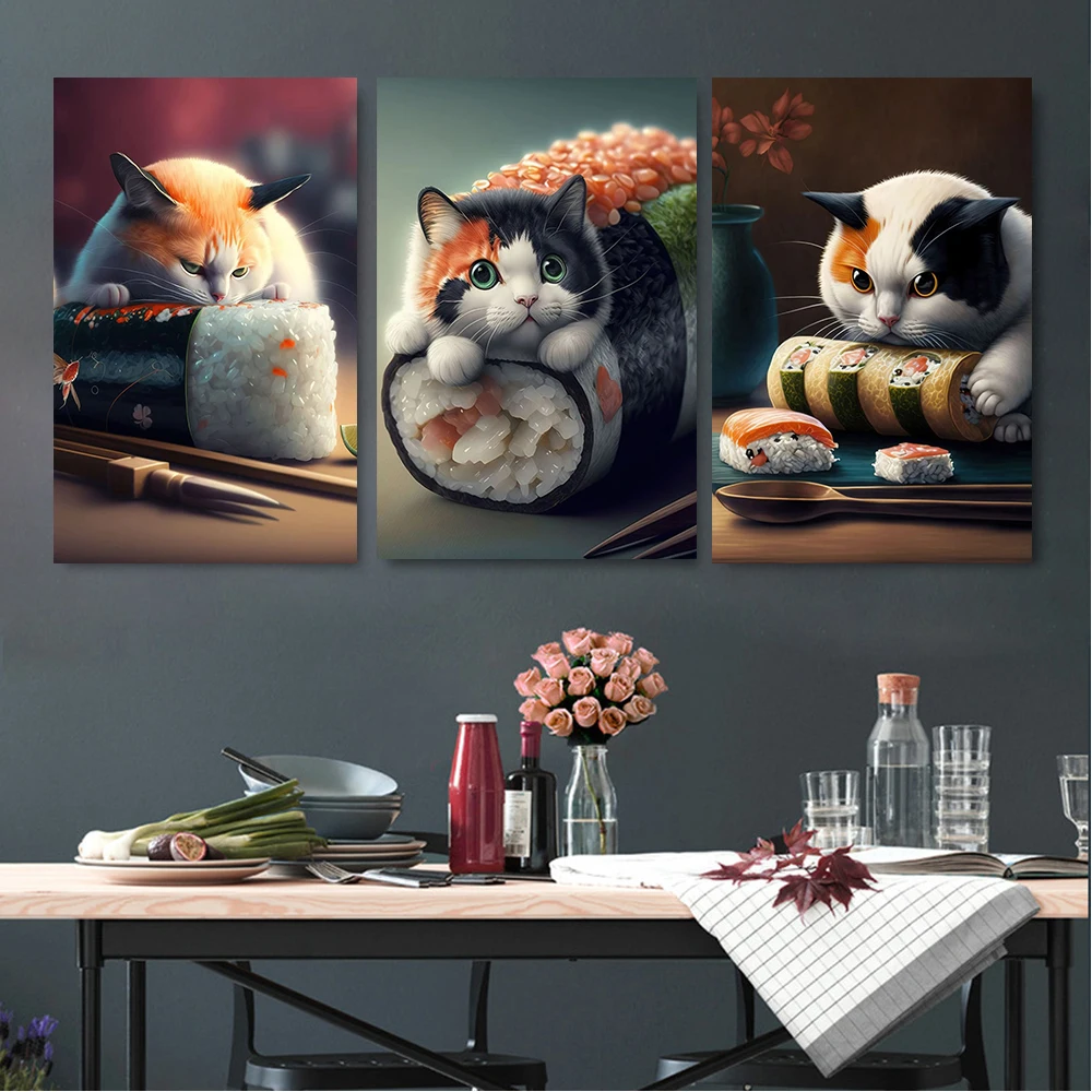 Food Art Japan Salmon Sushi Cuisine Colorful Wall Picture Poster Prints Decor Cute Cat Canvas Painting For Kitchen Dining Room