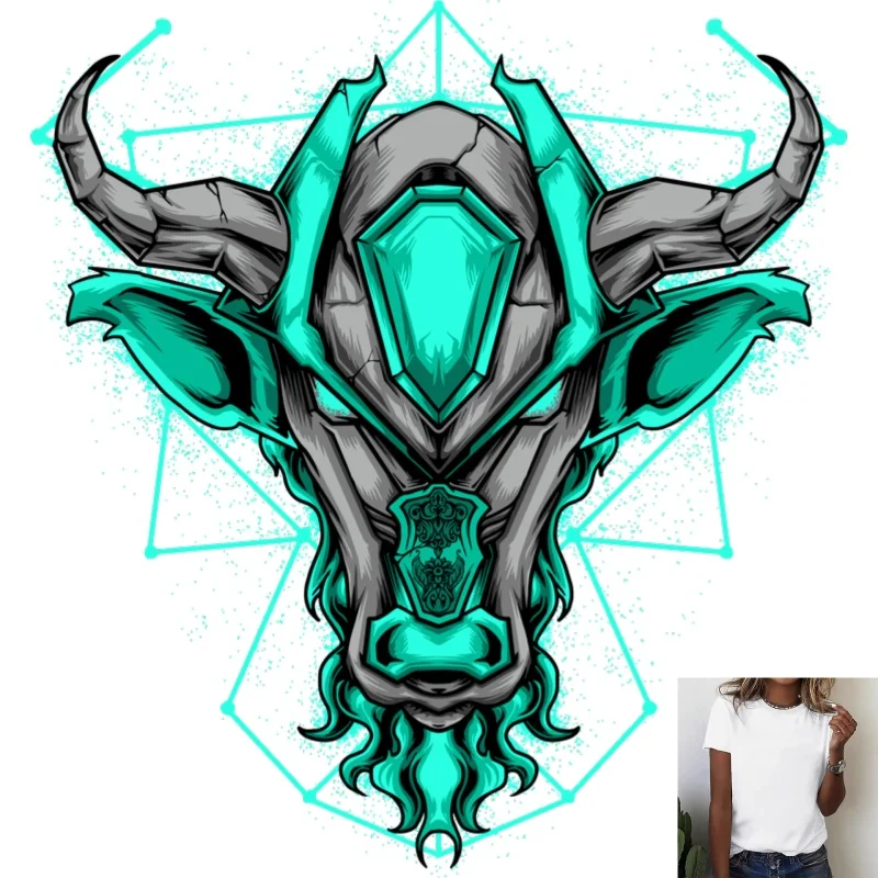 Cool Mechanical Bull Head Heat Transfer White Ink Iron - on Patch, Stylish Geometric Element Print, Suitable for T -