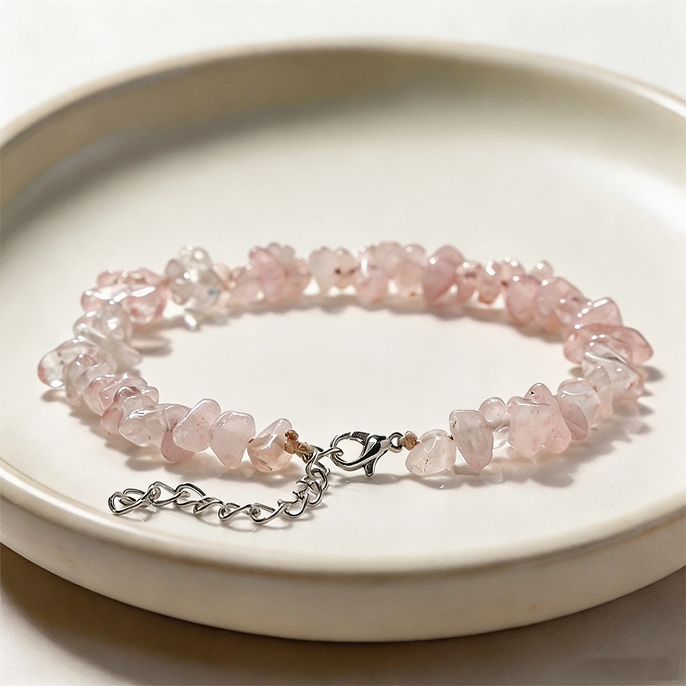 Natural Irregular Pink Quartz Stone Anklet Handmade Bead Ankle Chain with Adjustable Lobster Clasp Beach Jewelry Gift for Friend