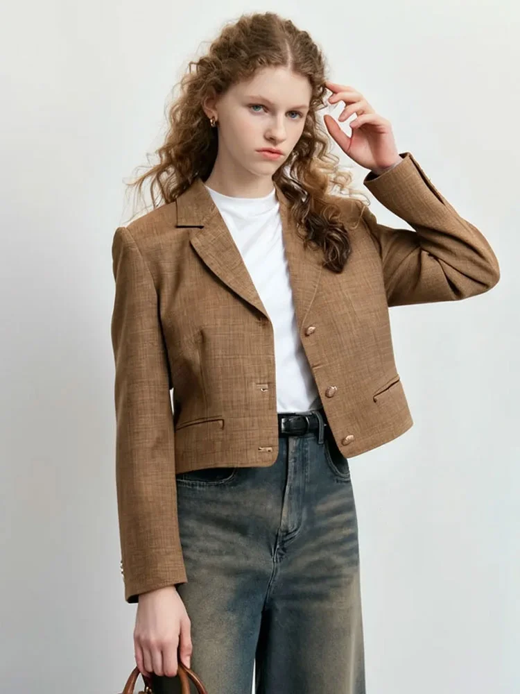 

Коричневый приталенный короткий жакет с регулярной шириной плеч для повседневной носки, женская модная весенняя новинка, дышащая короткая куртка