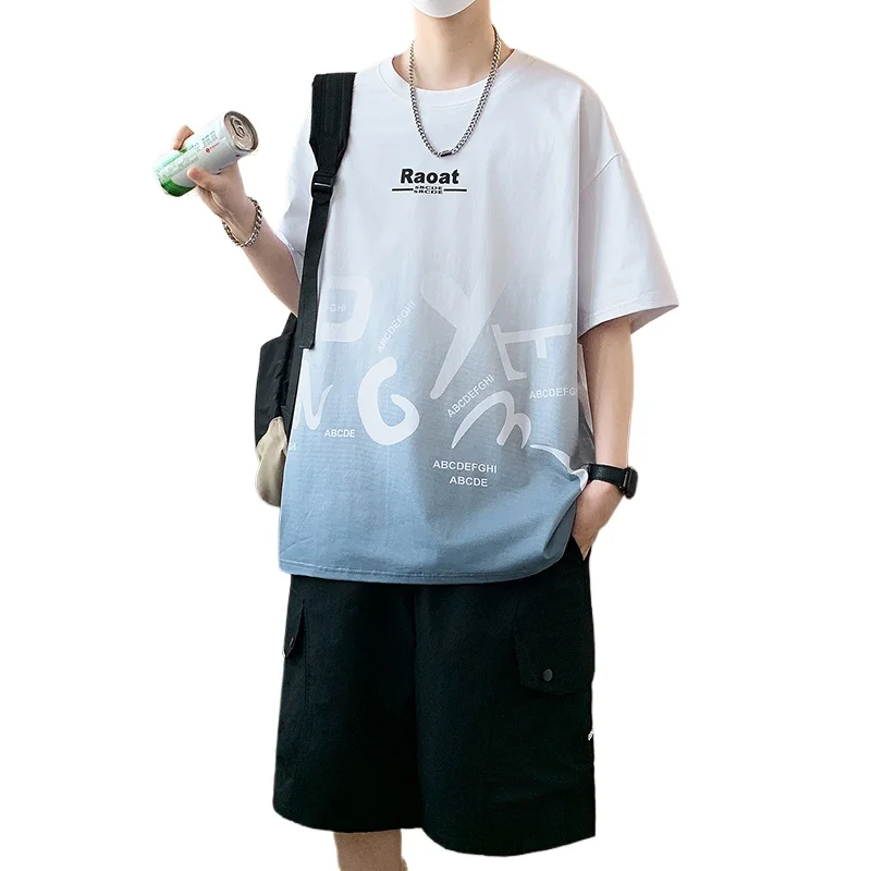 

【T-Shirt + Shorts】Men's Casual Set Summer Fashion Round Neck Top Cargo 5-point Pants Daily Travel Sports Leisure 2-Piece Outfit