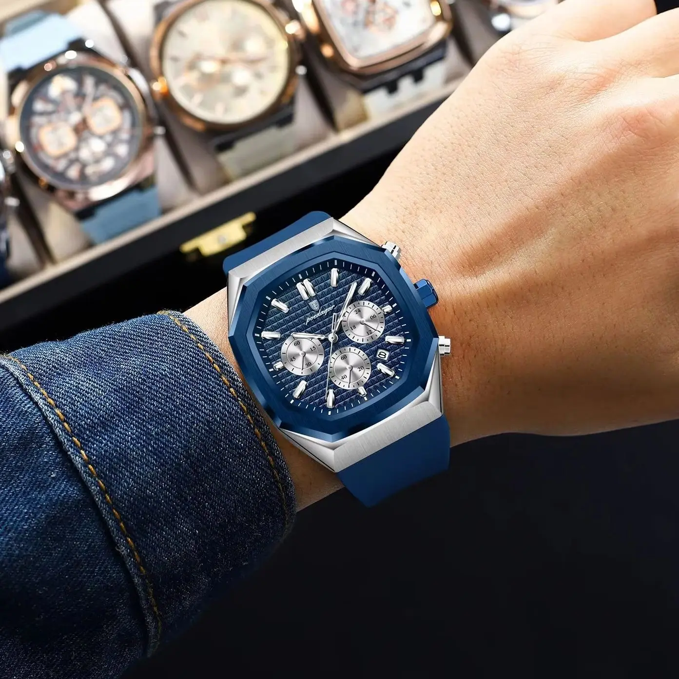 POEDAGAR رجال الأعمال ساعة كرونوغراف تاريخ سيليكون حزام كوارتز رجل ساعة مقاوم للماء مضيئة موضة ساعات للرجال Reloj