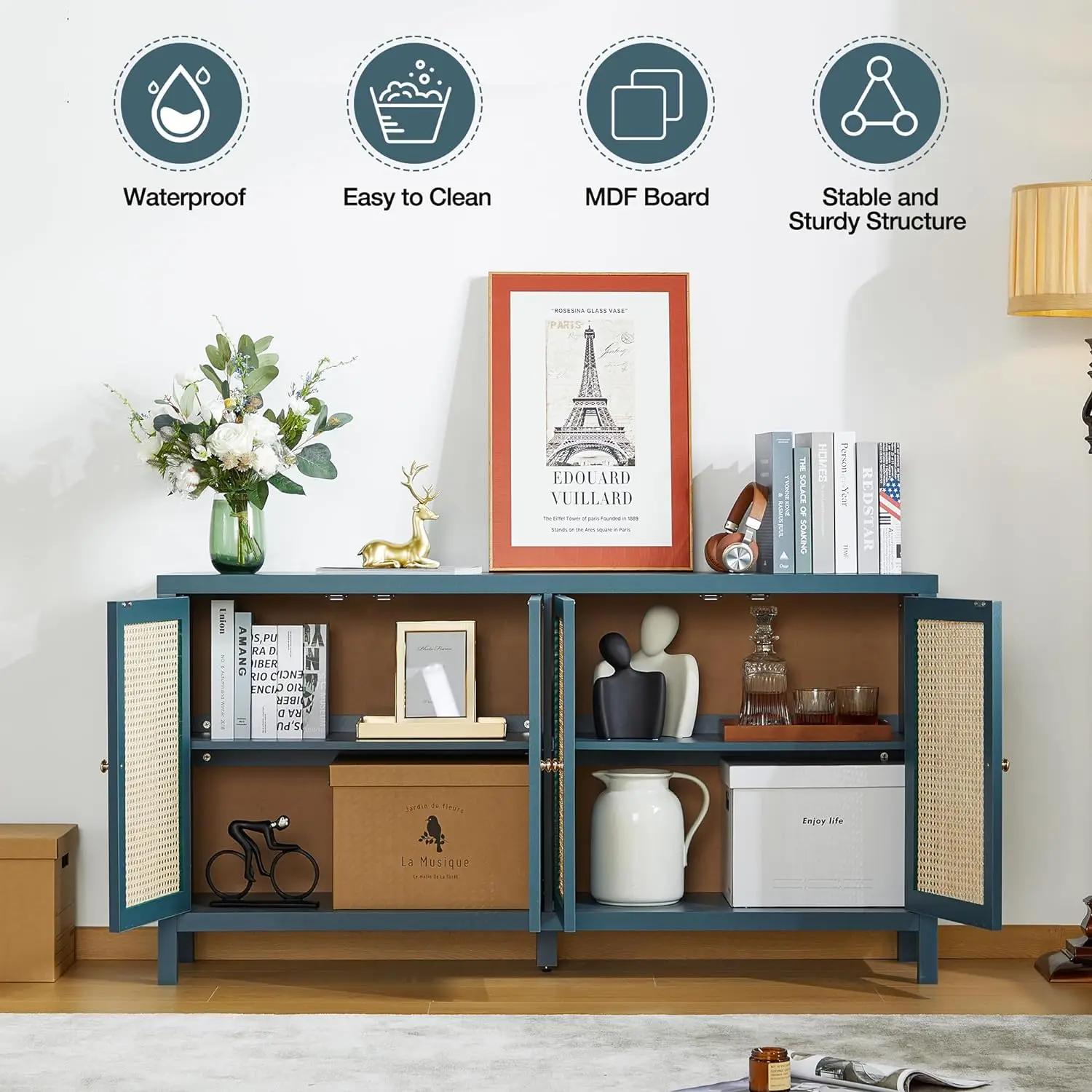 Rattan Sideboard Buffer Cabinet,Accent Storage Cabinet with 4 Rattan Doors, Modern Storage Cupboard Console Table