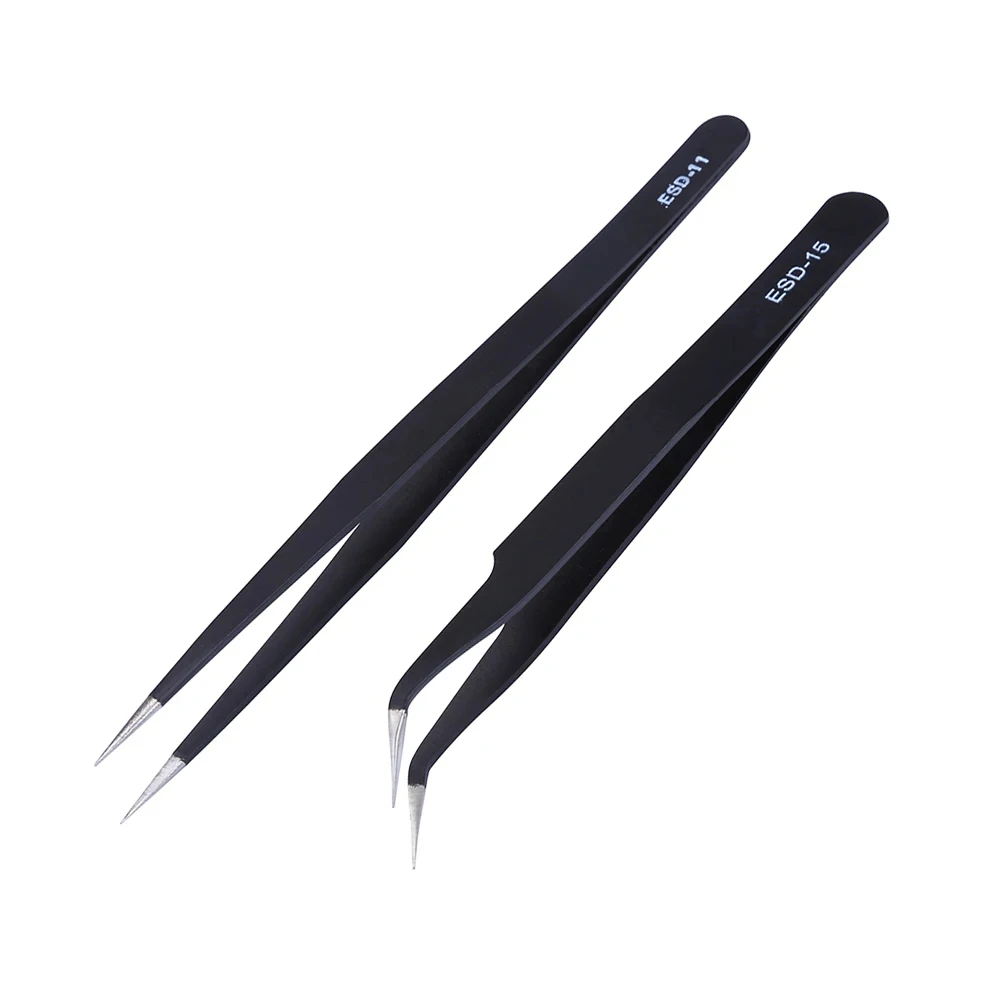 2pcs/lot Anti-static Precision Tweezers Set Pointed Curved Stainless Steel ESD Tweezer Electronics Repair Tools