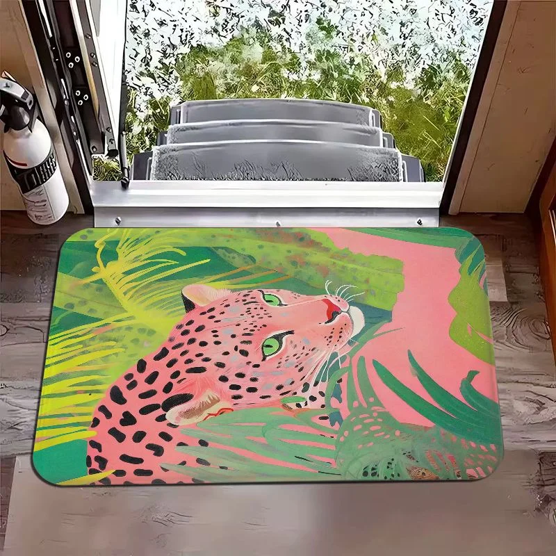 VIKAMA Tropical Pink Leopard Jungle Door Mat, Kitchen Absorbent Carpet, Entrance Non Slip Floor Mat, Home Decoration