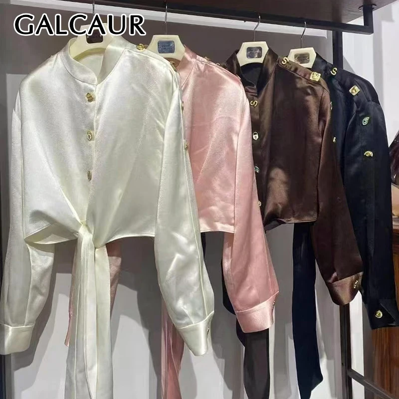 

GALCAUR Solid Spliced Single Breasted Shirt Female Lapel Long Sleeve Loose Temperament Women's Shirts Summer New Style Fashion
