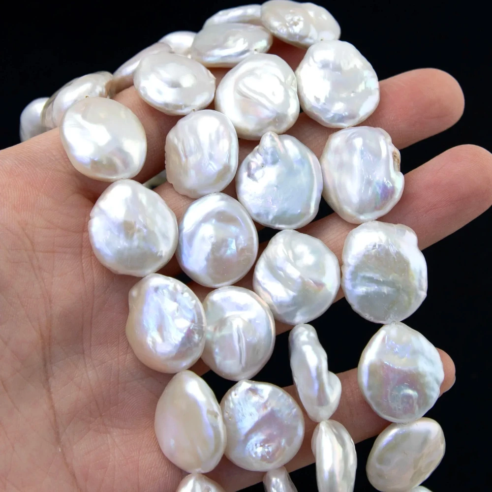 

1Strand 16-18mm Flat Round Natural Freshwater Pearl Beads Button Shape for Jewelry Making DIY Necklace Bracelets Accessories