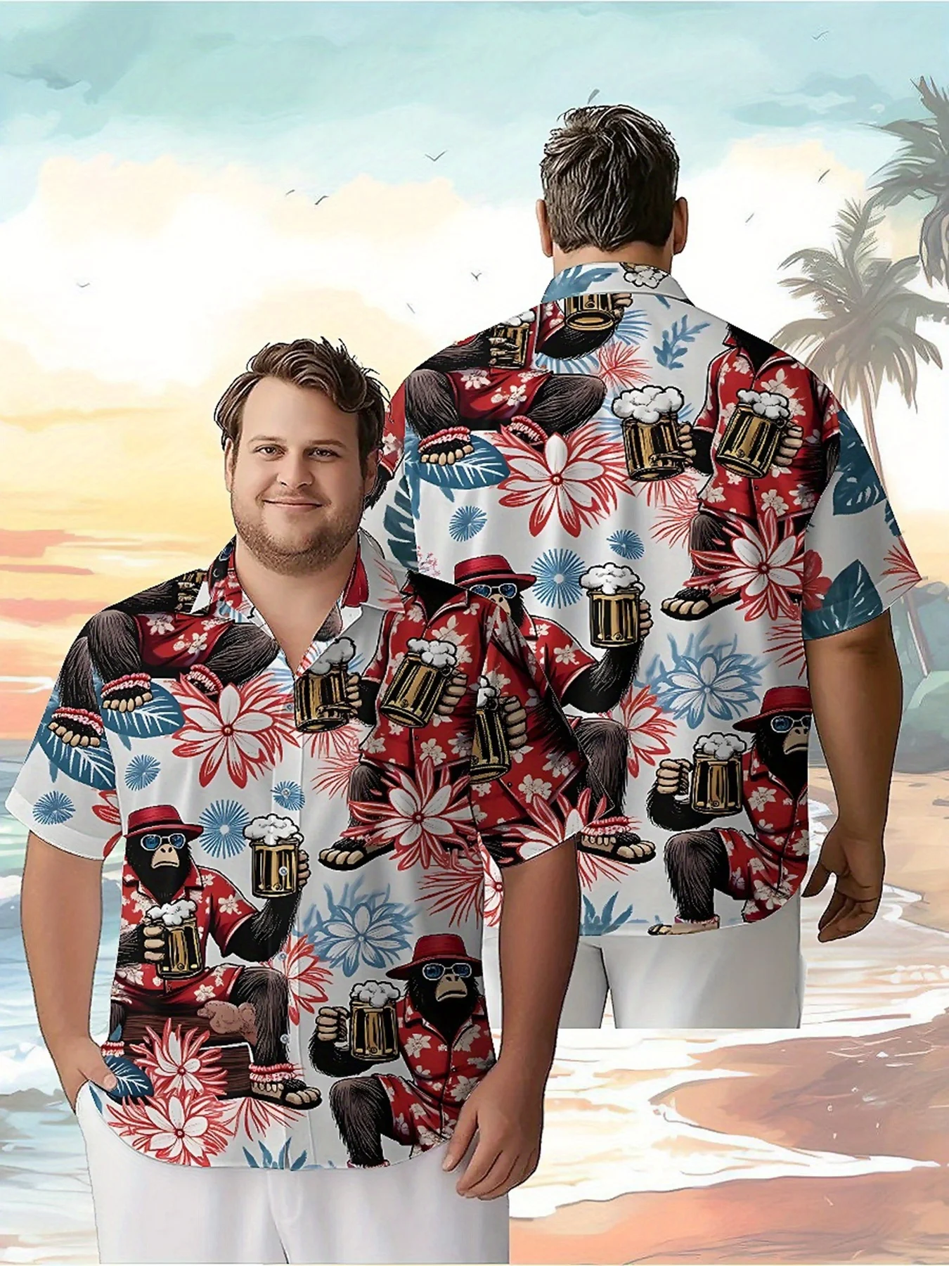 

Men's Plus Size Hawaiian Shirts Tropical Style Gorilla Beer Party pattern,New in Summer Fashion Tops,Hip Hop Rock Streetwear