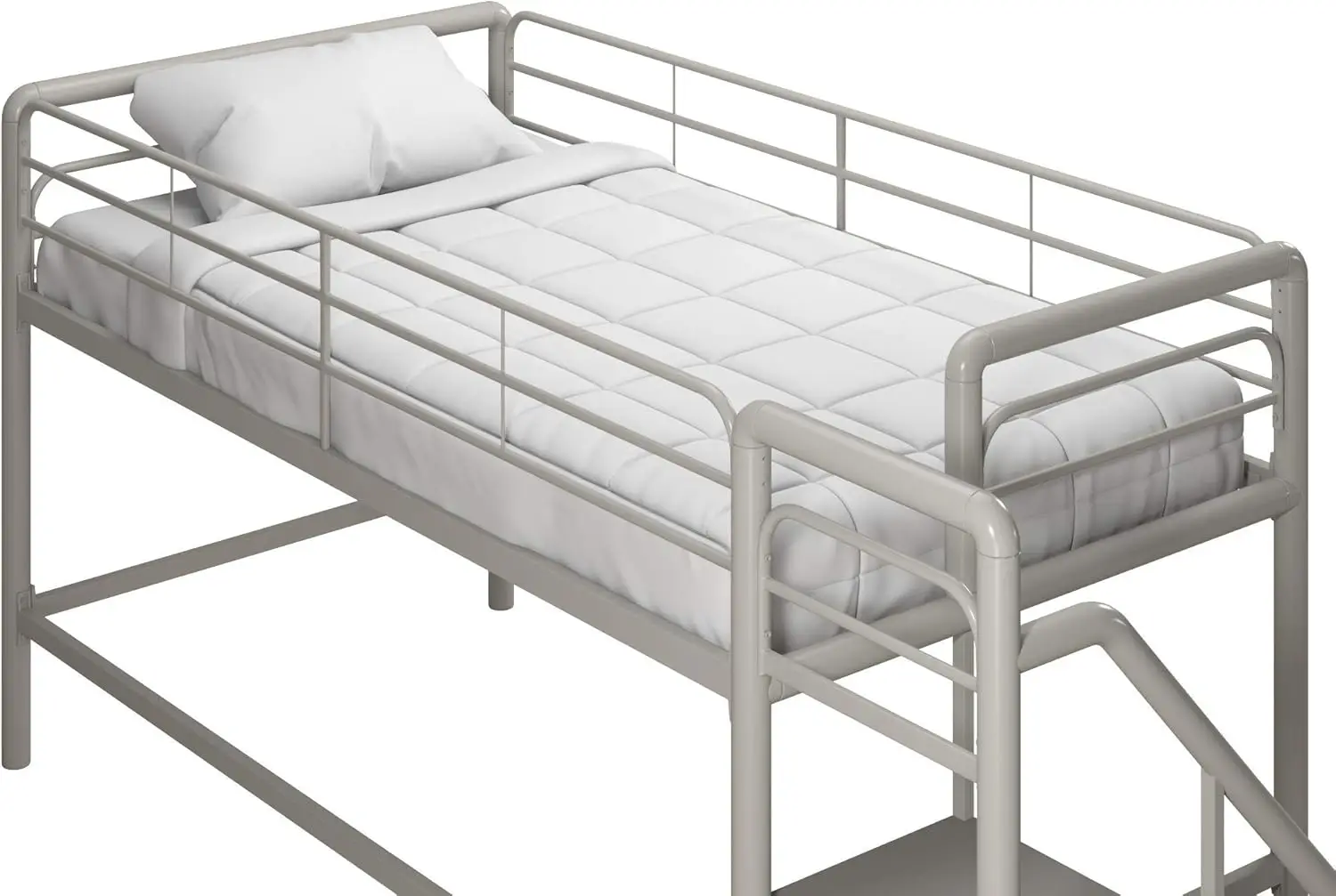 Twin Metal Loft Bed com degraus de armazenamento, solução multifuncional de economia de espaço, prata com degraus cinzentos