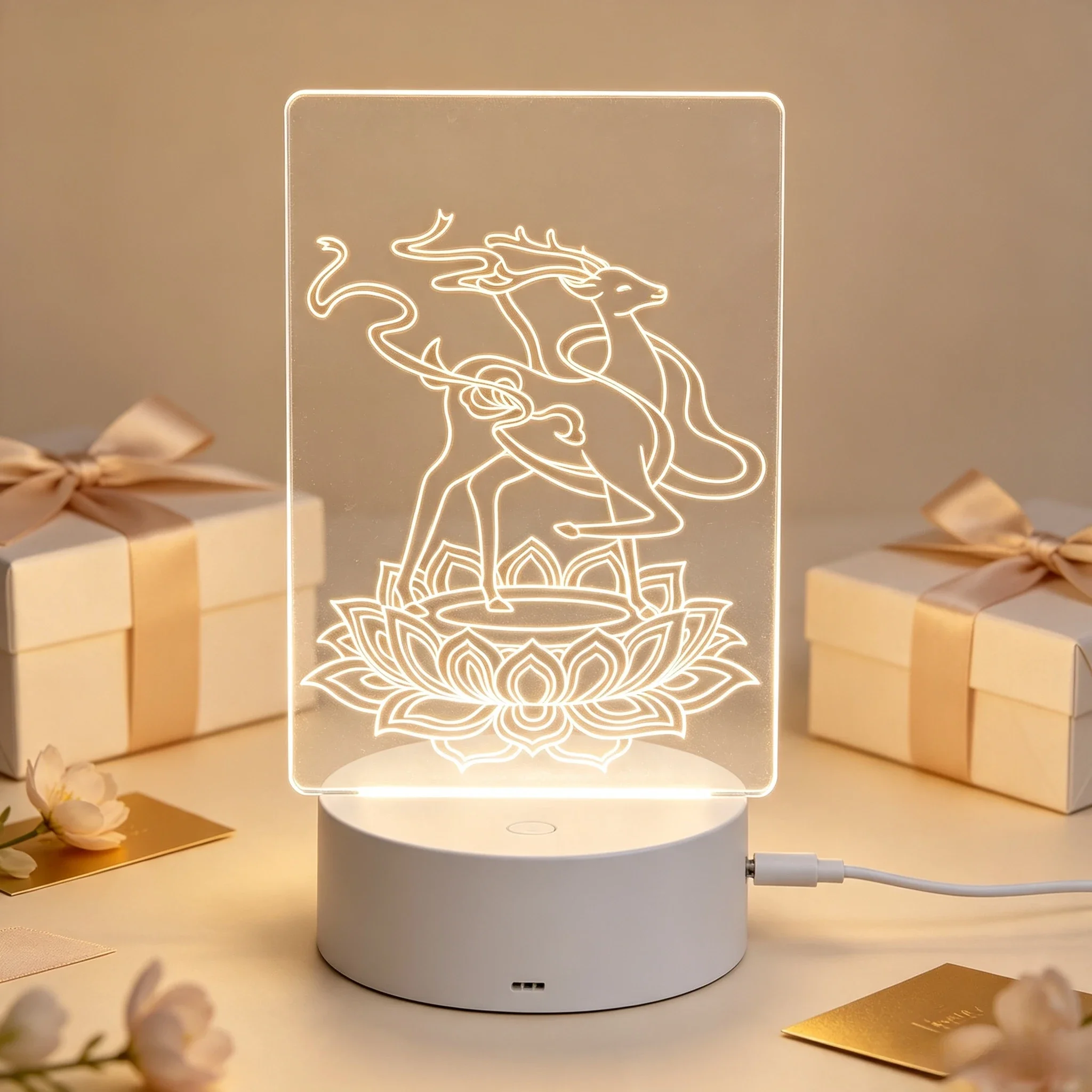 Chinese Style Nine Color Deer Engraved Acrylic Table Lamp USB Decor,Oriental Mythological Deer Pattern LED Acrylic Ambient Light