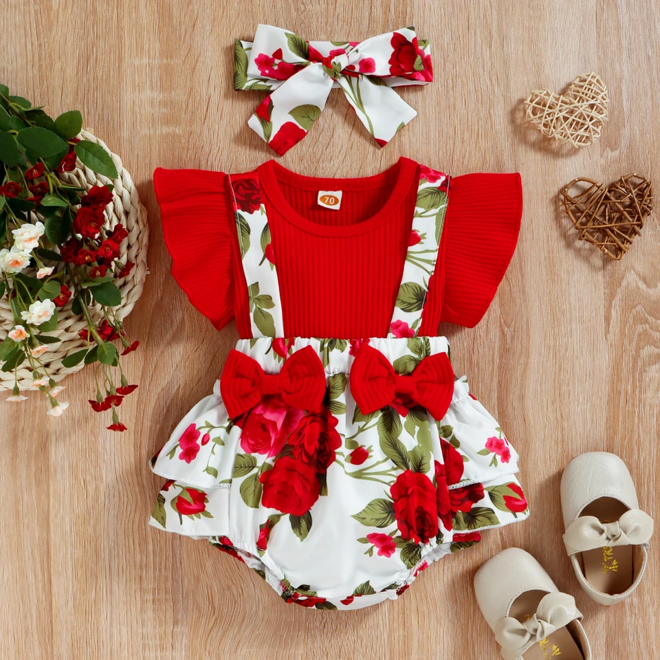 Robe Barboteuse Bébé Fille Floral + Bandeau Nœud – Ensemble 2 Pièces Manches Longues 0-18 Mois