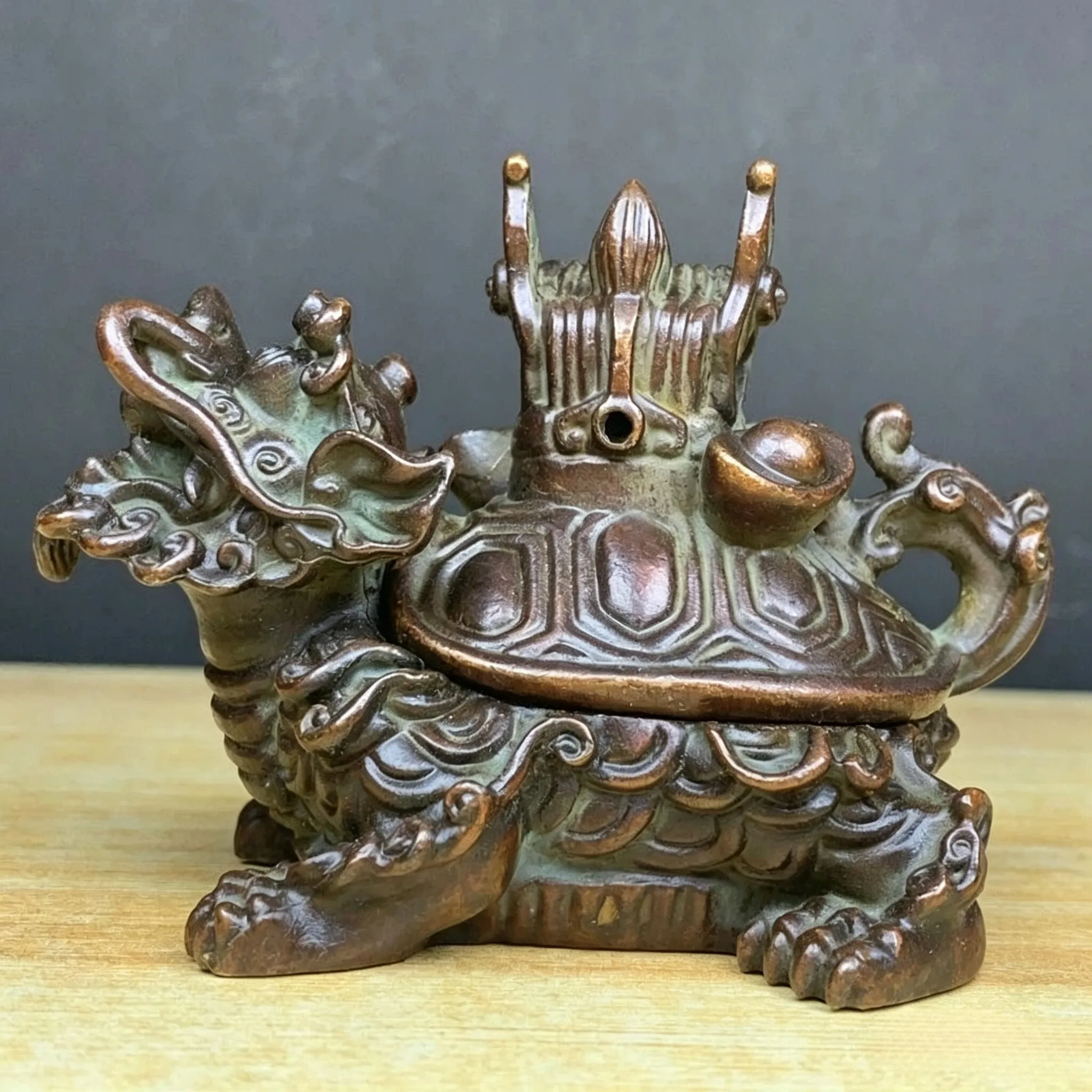 Rare retro engraving alloy copper ternary and the first dragon turtle incense burner ornament home desktop decoration ornament