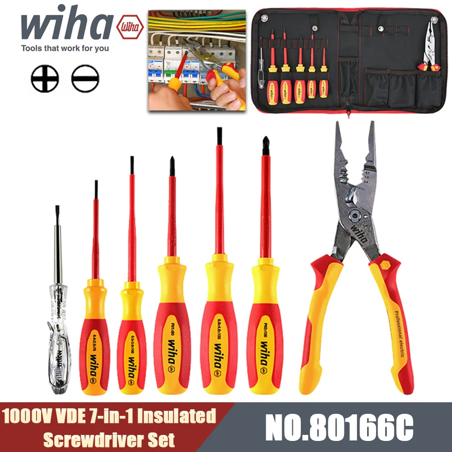 WIHA 80166C 1000V VDE 7-in-1 Insulated Screwdriver Set with Pliers and Tool Bag Phillips Slotted Screwdriver Repair Hand Tools