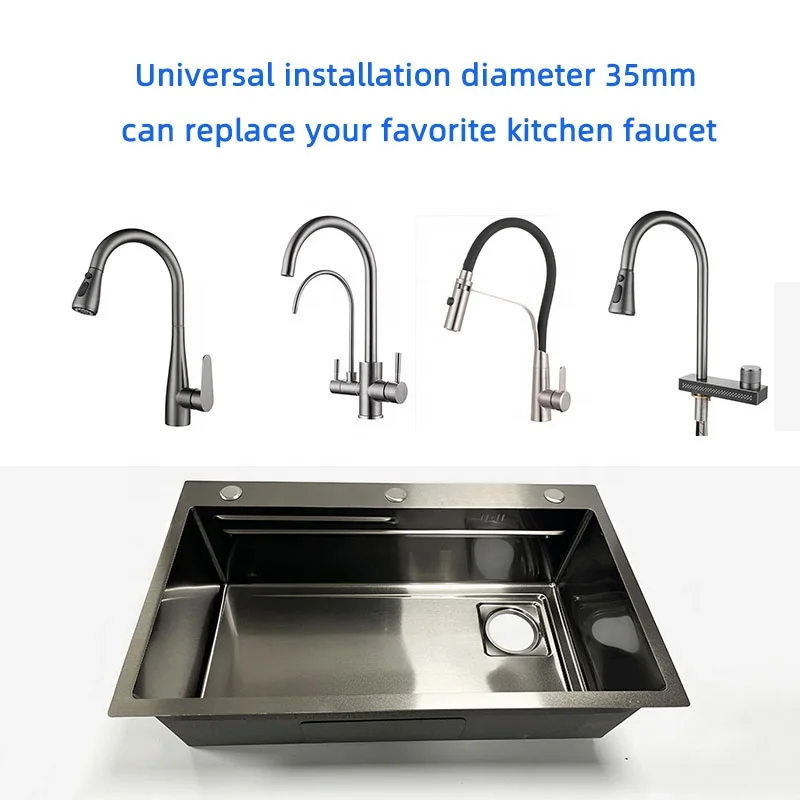 Gray Black Kitchen Sink Large Single Slot Multifunction Sink Anti-Scratch Handmade Waterfall Faucet Sink