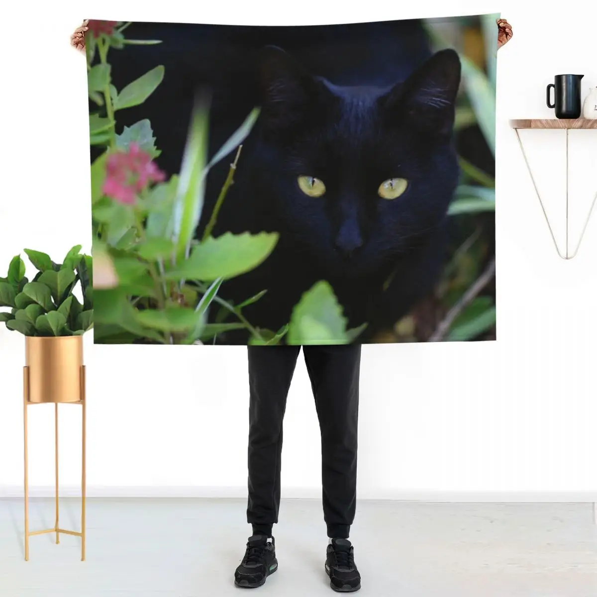 Black cat sitting in garden Throw Blanket Bed Fashionable Beautifuls Thin Multi-Purpose for babies Thermals For Travel Blankets