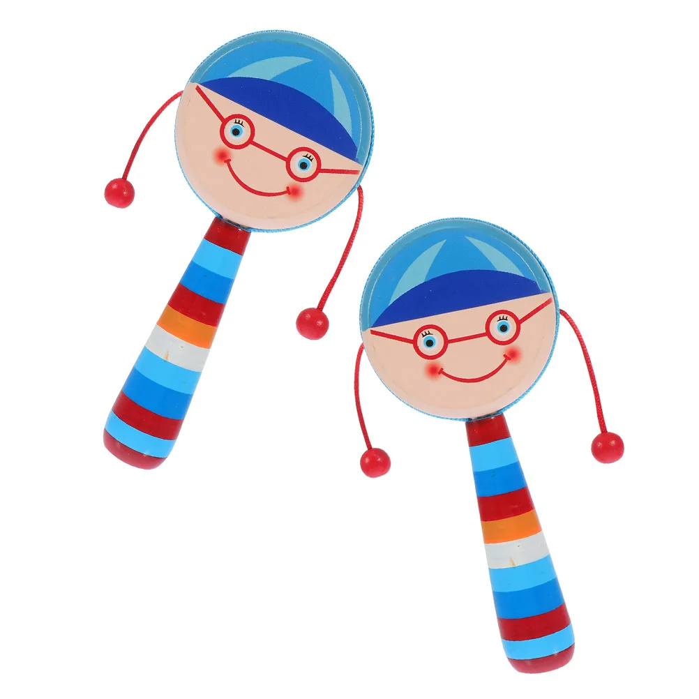 2Pcs Wood Rattle Cartoon Pattern Lightweight Safe Handheld Musical Sensory Development Hand Eye Coordination