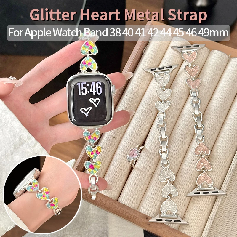 Delicate Heart Link Metal Strap for Apple Watch Band 40mm 44 45 42 46 49 41 Women Jewelry Bracelet for IWatch Series 11 10 9 8 7