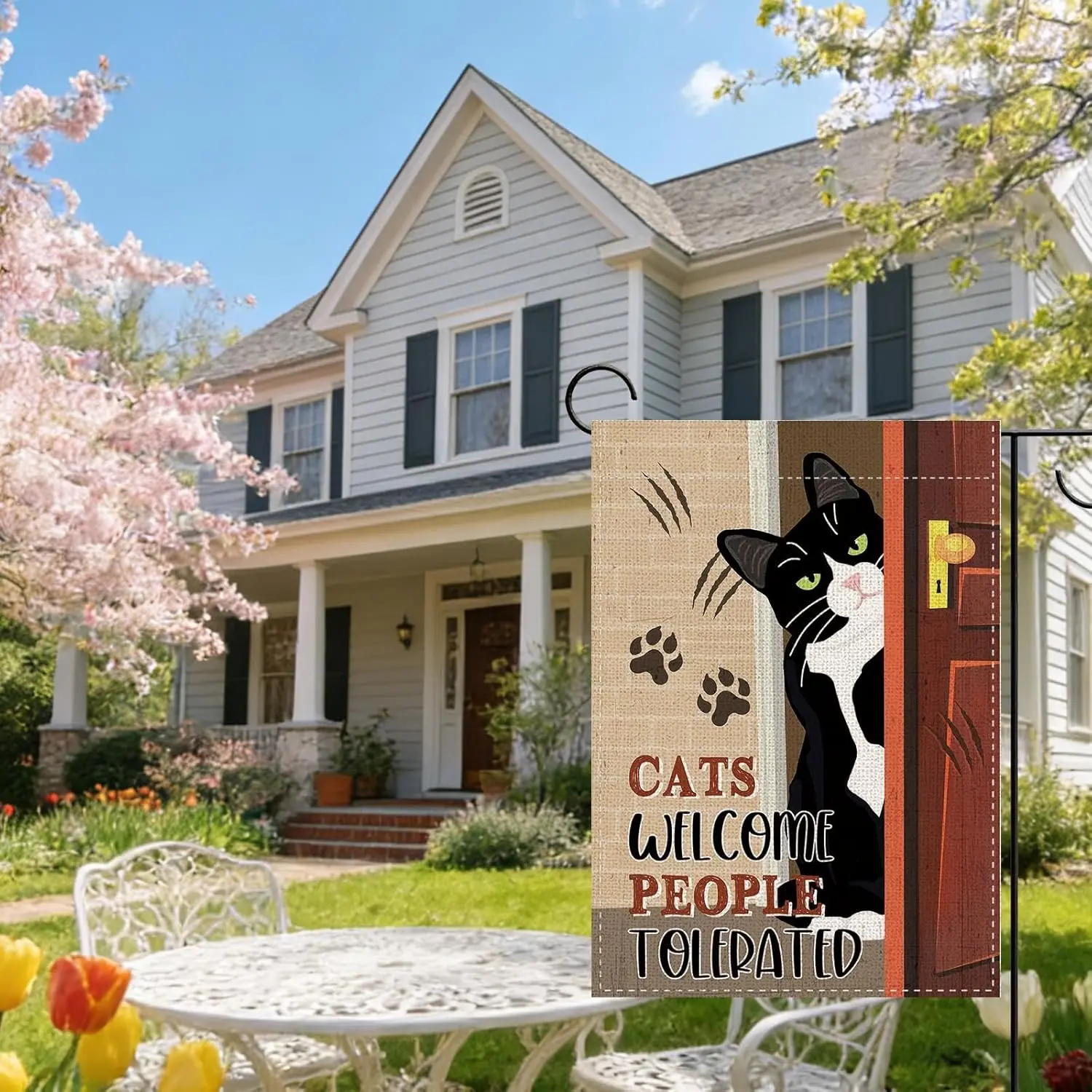Cats Welcome People Tolerated Decorative Garden Flag, Funny Tuxedo Small Yard Outside Decorations Pet Cat Owner Lover Gift,  AAS
