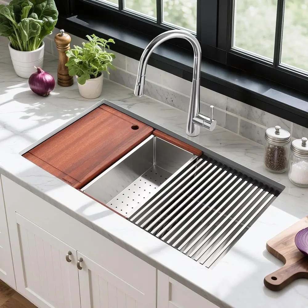 

33-дюймовая кухонная раковина-рабочая станция для установки под столешницу, большая уличная раковина для приготовления пищи 33x19 для барбекю, одинарная чаша из нержавеющей стали с разделочной доской из древесины сапеле