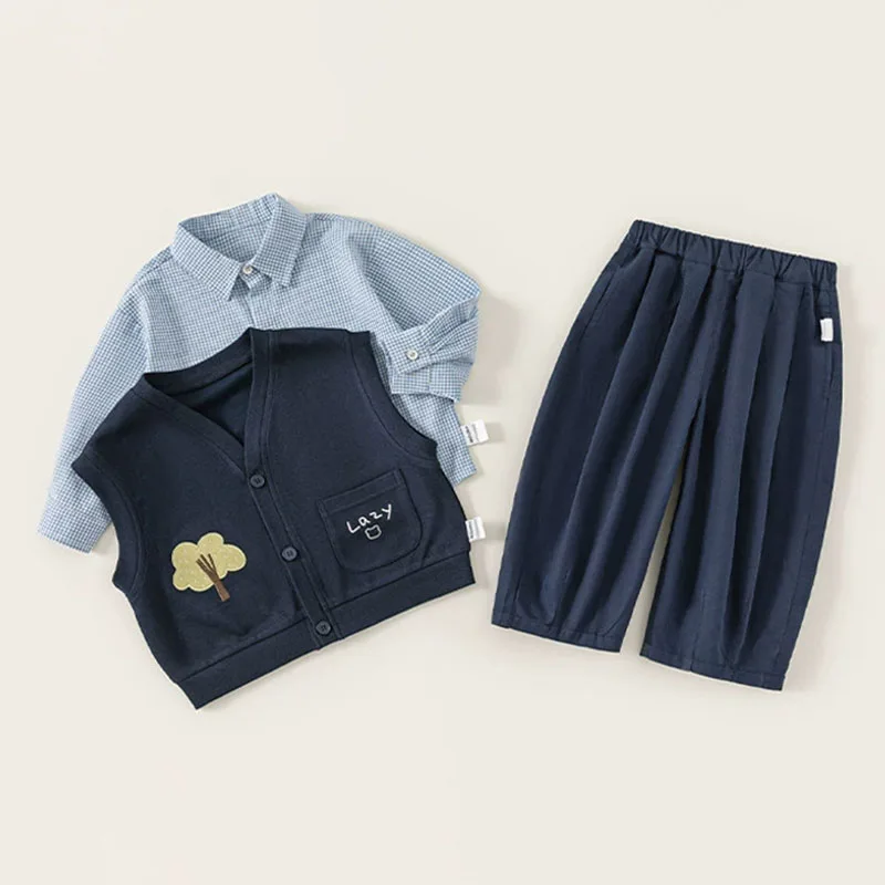 3Piece Autumn Baby Boy Clothes Korean Fashion Casual Plaid Cartoon Tops+Vest+Pants Kids' Sets And Outfits Children Clothing B432