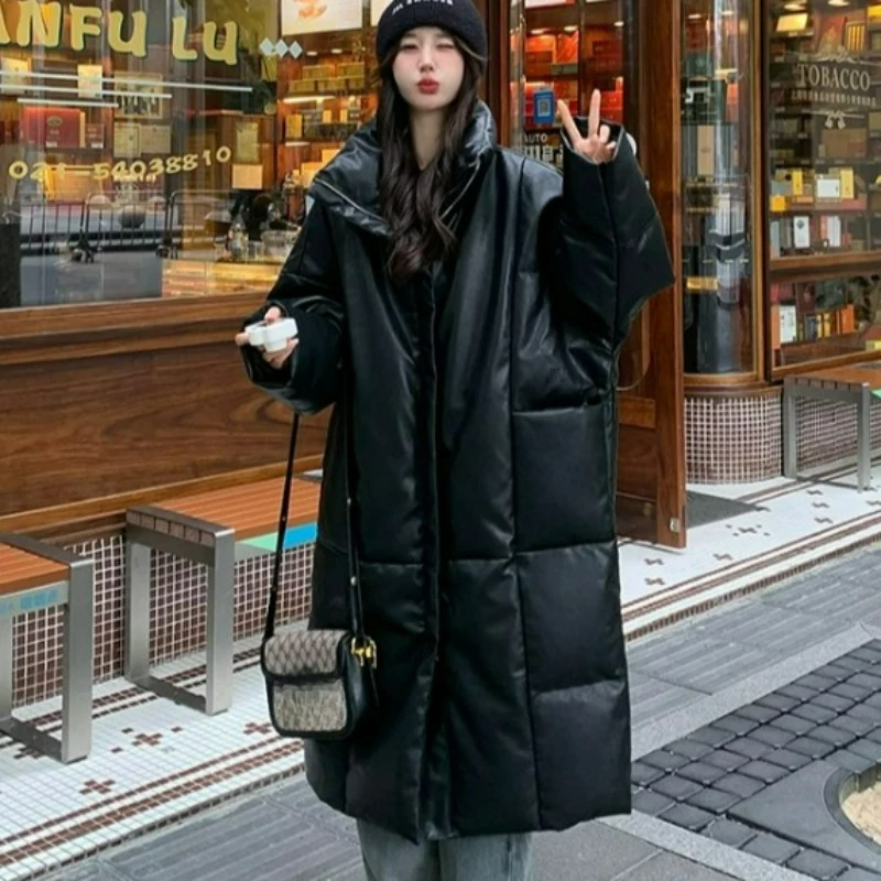 2026 Autumn Winter New Fashionable Thickened High-end Medium Length Jacket No Wash PU Leather Down Cotton Coat Women Long Style